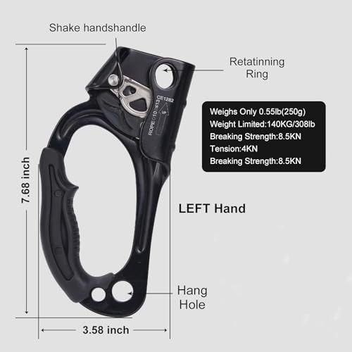Hand Ascender, Rock Climbing Tree Arborist Rappelling Gear Equipment Rope Ascender Rope Clamp for 10~13MM Rope - color: Left Hand-Black