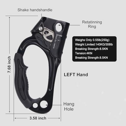 Hand Ascender, Rock Climbing Tree Arborist Rappelling Gear Equipment Rope Ascender Rope Clamp for 10~13MM Rope - color: Left Hand-Black