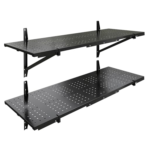 FLEXIMOUNTS 2-Pack 1x3ft Garage Shelving 14-inch-by-34-inch Perforated Wall Shelf, Heavy Duty Garage Storage Rack with 700 lbs Load Capacity, Wall Mounted Organization System for Tools, Heavy Bins - size: 14" x 34"