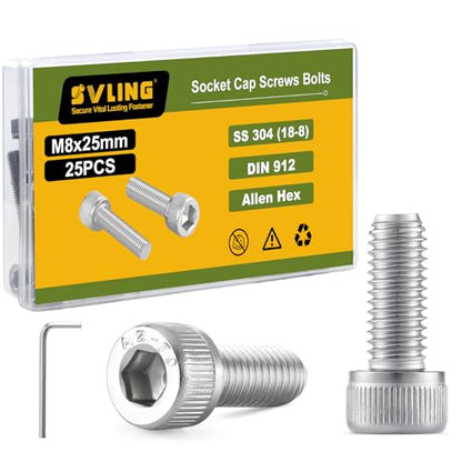 M8-1.25 x 25mm Bolt, 25PCS M8 Hex Socket Head Cap Screws Bolts, 304 Stainless Steel 18-8, Full Threads, Allen Socket Drive, with Hex Spanner - size: M8x25mm