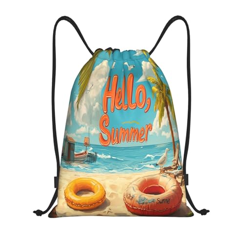 Drawstring Sports Backpacks - Lightweight Swim Gym Bags for Women Men String Sackpack for Beach Travel Yoga(Small, Hello Summer Beach) - color: Hello Summer Beach, size: Small