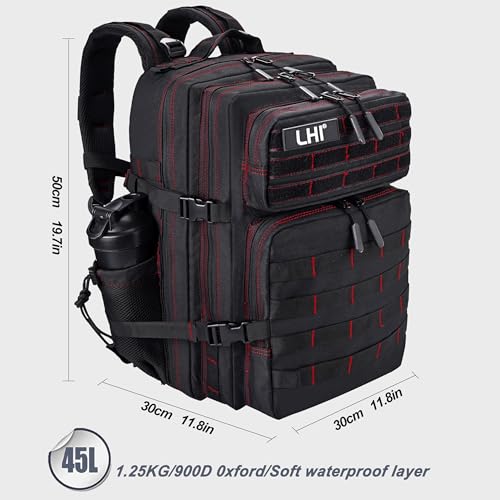 LHI Military Tactical Backpack for Men and Women 45L Army 3 Days Assault Pack Bag Large Rucksack with Shoe Compartment - color: 1.3 Black Red Line