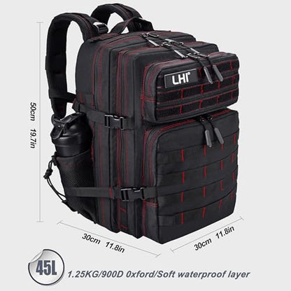 LHI Military Tactical Backpack for Men and Women 45L Army 3 Days Assault Pack Bag Large Rucksack with Shoe Compartment - color: 1.3 Black Red Line