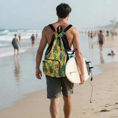 Safari Green Yellow Safari Mens Drawstring Bags Climbing Gym Bag With Pockets Waterproof
