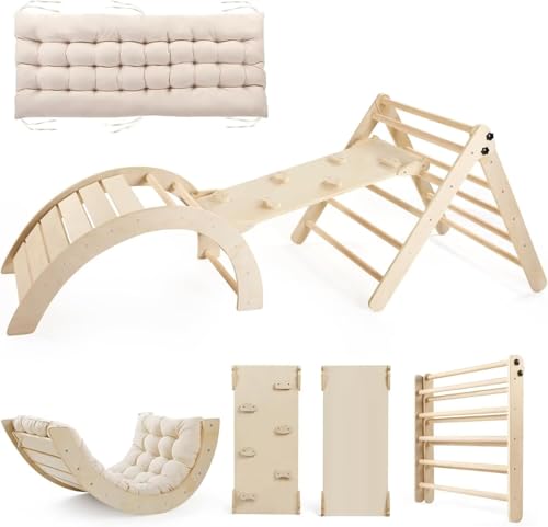 Pikler Triangle Set with Cushion Large, 5 in 1 Toddler Climbing Toys Indoor | Foldable Space-saving Design, Montessori-inspired Learning, Reversible Slide & Ramp, ASTM F963 Standards for Toddlers 18M-5Y - color: Wooden Color