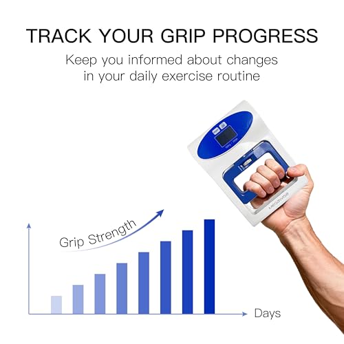 MEGAWISE Digital Hand Dynamometer, 265 lb Grip Strength Tester | Adjustable handle spacing, backlit LCD, lb/kg units, peak result hold, and support for isometric grip exercises.