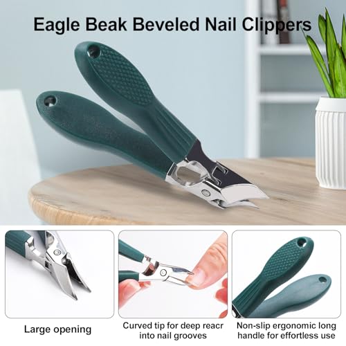 Eagle Beak Nail Clippers for Ingrown & Thick Nails – Beveled/Slanted/Angled Blades, Long Handle Wide Jaw, Anti-Splash Ultra Sharp Stainless Steel Edge 3-Piece Set for Men/Women (Green) - color: Green