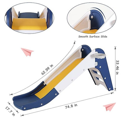 Toddler Indoor Slide, Foldable Baby Climber Playset with Basketball & Hoop | 63 in Extra Long Slope, Non-Slip Steps, Sturdy Plastic, Outdoor Playground for Backyard, Home & Playroom Use, Dark Blue - color: Dark Blue