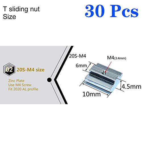 30pcs 2020 Series Sliding T Nuts Metric M4 Thread Slide in Hammer Head T-Nut for Standard 6mm T-Slot Aluminum Extrusion Profile （2020 Series M4） - size: 2020 Series M4