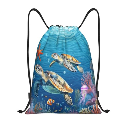 Drawstring Sports Backpacks - Lightweight Swim Gym Bags for Women Men String Sackpack for Beach Travel Yoga(Medium, Turtle Jellyfish Starfish) - color: Turtle Jellyfish Starfish, size: Medium