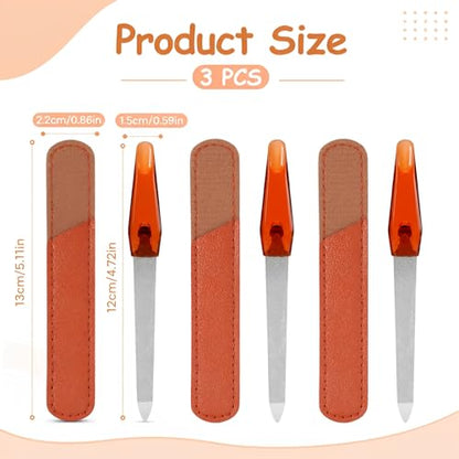 3 Pack Nail File Metal Sharp Pointed Tip with Leather Sheath Case 5 Inch | Double Sided Grit Nails for Natural Non Slip Handle Fingernail Files Stainless Steel Manicure for Women