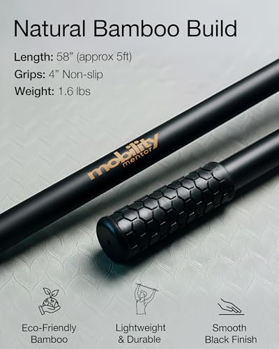 Yoga Stick - 5ft Bamboo Stretching Stick for Mobility, Flexibility, Balance with 20+ Video Tutorials, Stretching Equipment, Exercise Stick for Stretching, Posture Corrector, Physical Therapy Dowel Rod