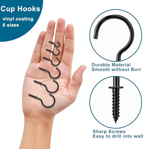 200 Pcs Screw Hooks kit, 6 Sizes Vinyl Coated Ceilling Wall Cup Hook | for Hanging Plant, Mug, Coffee Cups, String Light Decors, Indoor & Outdoor, Black (1/2in, 5/8in,3/4in,7/8in,1in,1-1/4in)