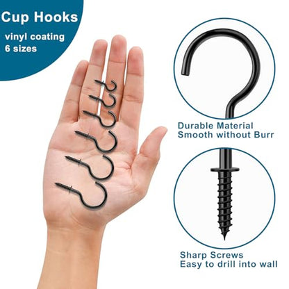 200 Pcs Screw Hooks kit, 6 Sizes Vinyl Coated Ceilling Wall Cup Hook | for Hanging Plant, Mug, Coffee Cups, String Light Decors, Indoor & Outdoor, Black (1/2in, 5/8in,3/4in,7/8in,1in,1-1/4in)