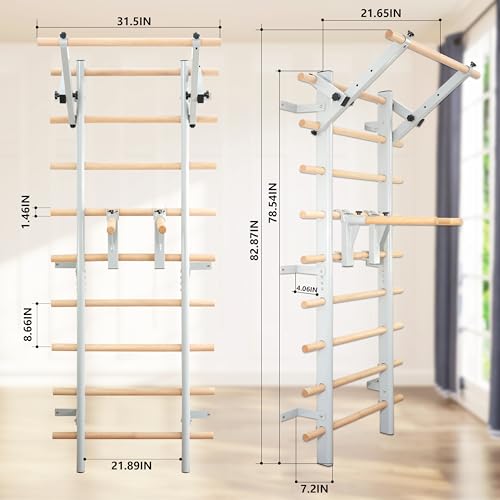 Stall Bars, Swedish Ladder for Adult and Kids, Wall Bar with Solid Beech Wood Rods, Durable Steel Frame, Adjustable Pull Up and Dip for Strength, Flexibility at Home Gym, Studio - color: Silver-gray