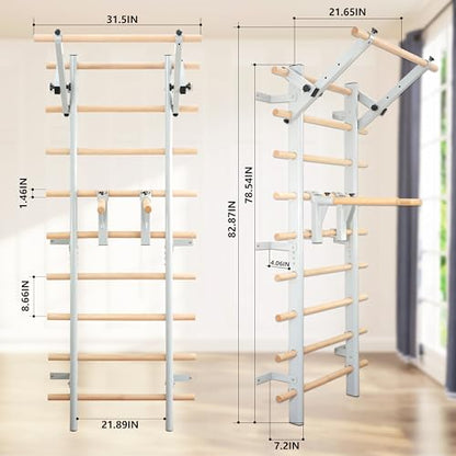 Stall Bars, Swedish Ladder for Adult and Kids, Wall Bar with Solid Beech Wood Rods, Durable Steel Frame, Adjustable Pull Up and Dip for Strength, Flexibility at Home Gym, Studio - color: Silver-gray