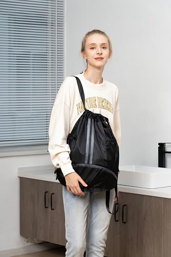 Valleycomfy Sports Drawstring Backpack - Water Resistant String Bag with Side Mesh Pockets Shoe Compartment Gym Backpack for Women & Men Grey - color: A-grey