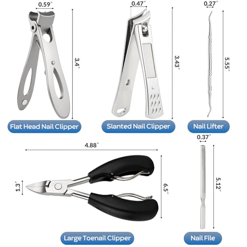5Pcs Ingrown Toenail Removal Kit, Thick Toenail Clippers for Seniors, Heavy Duty Toenails Clippers for Men, Slanted Nail Clipper with Long Handle, Angled Head Toe Nail Clipper Senior Gift (Silver) - size: 5Pcs Nail Clippers Set-silver