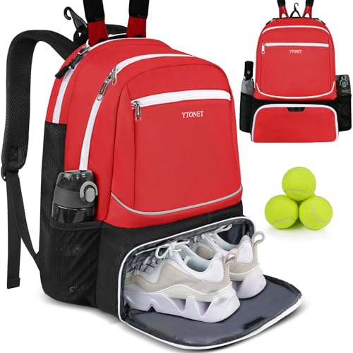 Ytonet Tennis Bag Tennis Backpack for Women Men 2 Rackets | Insulated Pocket and Ventilated Shoe Compartment, Gym Bags with Fence Hook for Pickleball and Badminton Rackets - color: Dark Red