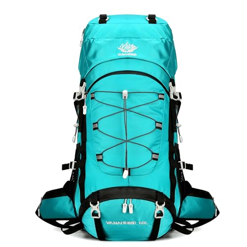 60L Travel Hiking Camping Backpack with Rain Cover, Backpack Water Resistant,Climbing Backpack for Men Women - color: Lake Blue