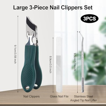 Eagle Beak Nail Clippers for Ingrown & Thick Nails – Beveled/Slanted/Angled Blades, Long Handle Wide Jaw, Anti-Splash Ultra Sharp Stainless Steel Edge 3-Piece Set for Men/Women (Green) - color: Green