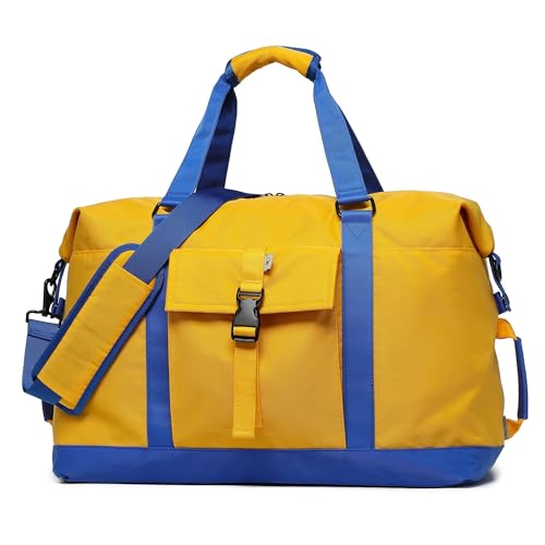 SUNNY BIRD Duffel with Utility Pouch, 40L Weekender Overnight Bag with Shoe Compartment for Travel and Sports (Yellow and blue) - color: Yellow and blue