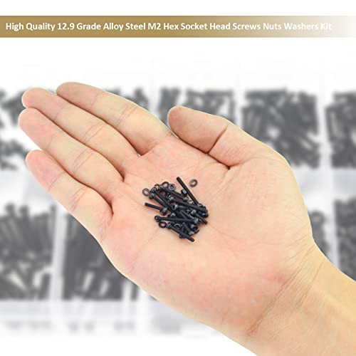 562 Pieces Black M2 x 4/6 /8/10 /12/16 /20mm Hex Socket Head Cap Screws Nuts Washers Assortment Kit, 12.9 Grade Alloy Steel - size: M2, style: Socket Head