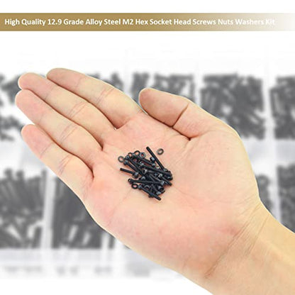 562 Pieces Black M2 x 4/6 /8/10 /12/16 /20mm Hex Socket Head Cap Screws Nuts Washers Assortment Kit, 12.9 Grade Alloy Steel - size: M2, style: Socket Head