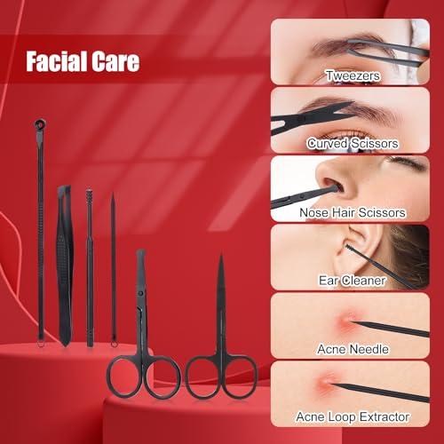Manicure Set-Stainless Steel Nail Care Set-Professional Ingrown Toenail Clipper Grooming Tool-Pedicure Kit & Toe Nail Cutter-Thick Nail Scissors Toiletries with Cuticle Trimmer - color: Black&Red