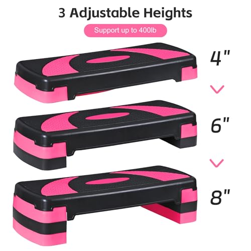 HomGarden Adjustable Workout Aerobic Stepper in Fitness & Exercise Step Platform Trainer Stepper w/Risers Adjust 4"-6''-8'' - color: Black/Pink