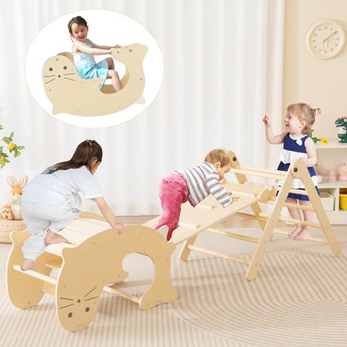 Costzon Climbing Toys for Toddlers, Foldable Montessori Wooden Arch Climber Ladder with Sliding Ramp, Play Table, Multi-Combination Methods, Kids Triangle Climber Play Gym Set for Boys Girls Present - style: 7 in 1 Arch Climber Ladder, Natural