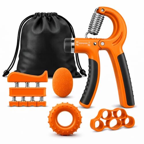 Grip Strength Trainer Kit 5 Pack Adjustable Hand Gripper Set (5–60kg), Forearm Strengthener, Finger Exerciser, Wrist Trainer with Exercise Guide for Fitness, Climbing, Sports & Daily Training - color: Orange