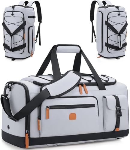 Gym Bag for Men and Women with Shoe & Laptop Compartment Sport Duffle Bag | 3-in-1 Anti-Theft Carry On Backpack Duffel Bag for Airplane, Workout, Overnight, Travel, Weekender, 35L - color: Light Grey