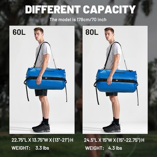 MIER Large Waterproof Duffel Bag - 60L/80L Dry Bag Backpack | Detachable Backpack Straps; Multi-Pockets; Roll-Top with Hook-and-Loop Closure; Motorcycle, Kayaking, Gym, Beach, Boating - color: Dark Blue, size: 60L