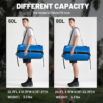 MIER Large Waterproof Duffel Bag - 60L/80L Dry Bag Backpack | Detachable Backpack Straps; Multi-Pockets; Roll-Top with Hook-and-Loop Closure; Motorcycle, Kayaking, Gym, Beach, Boating - color: Dark Blue, size: 60L
