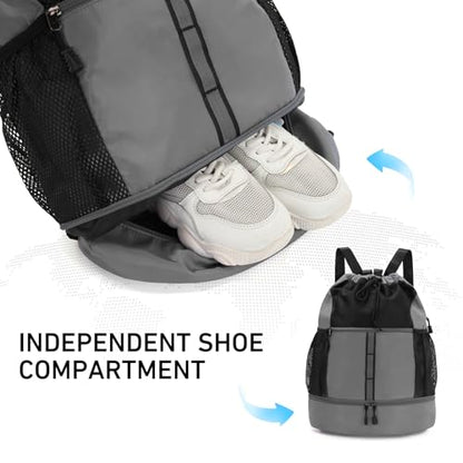 Valleycomfy Drawstring Gym Bag Sports Backpack With Shoe Compartment Grey | Reflective Strips Top Handle - color: Grey08