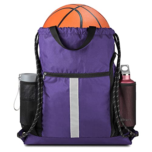 BeeGreen Purple String Bag Sack Gym Backpack with Shoe Compartment and Two Water Bottle Holder for Men Women Lightweight Durable Drawstring Cinch Sackpack - color: Purple, style: Drawstring With Shoe Compartment