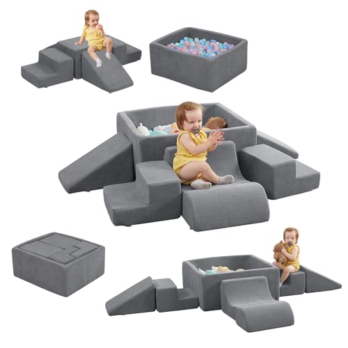 STAOLENE 6PCS Soft Foam Climbing Blocks for Toddlers | Indoor Foam Play Set with Ball Pit (No Balls), Grey Climbing Toys for Toddler, Crawl and Slide Sensory Activity Gym - color: Grey