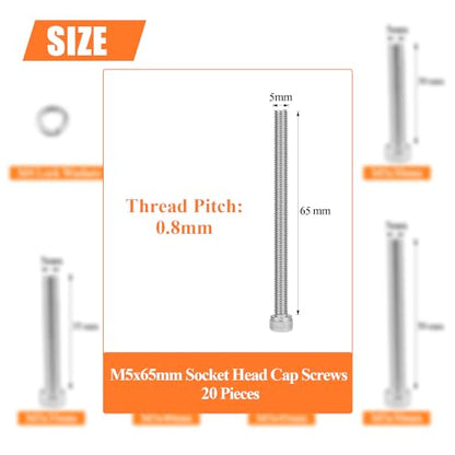 HELIFOUNER 20 Pieces M5 x 65mm, Thread Pitch 0.8mm, 304 Stainless Steel (18-8) Hex Socket Head Cap Screws, Fully Threaded - size: M5 x 65mm