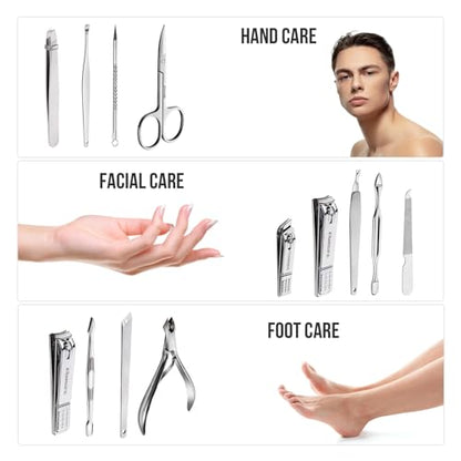 FAMILIFE Manicure Set, Nail Professional Kit Manicure Kits Nail Clipper Sets, 13PCS Stainless Steel Pedicure Sets Mens Grooming Tool, with Brown Leather Travel Case for Men - color: Bright Silver