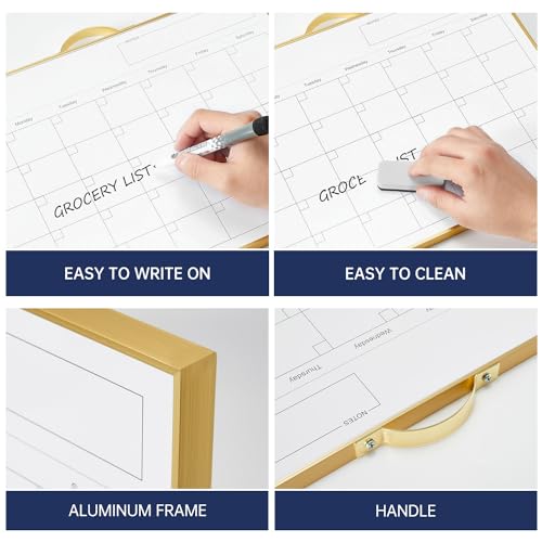 TSJ OFFICE White Board Calendar - 12 X 16 Inches Magnetic Dry Erase Board Monthly Calendar, Double Sided Whiteboard with a Handle, to Do List Notepad for Office, Home, School, Gold Aluminum Frame - color: Gold-whiteboard & Calendar