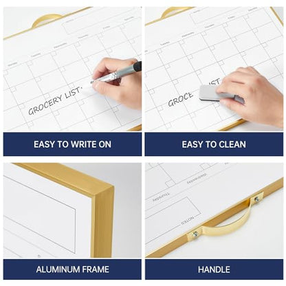 TSJ OFFICE White Board Calendar - 12 X 16 Inches Magnetic Dry Erase Board Monthly Calendar, Double Sided Whiteboard with a Handle, to Do List Notepad for Office, Home, School, Gold Aluminum Frame - color: Gold-whiteboard & Calendar