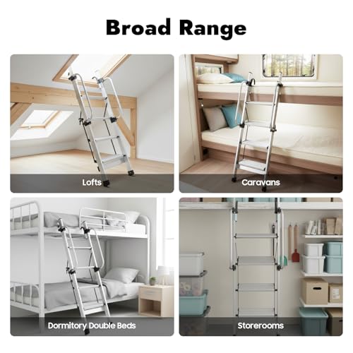 4-Step Ladder, Adjustable Home RV Loft Stair Bed Ladder Step Stool Ladder with Handrail & 5 Pedal Gears, 330.69lbs Capacity Wall & Floor-Mounted Truck Boat Safety Climb Stair