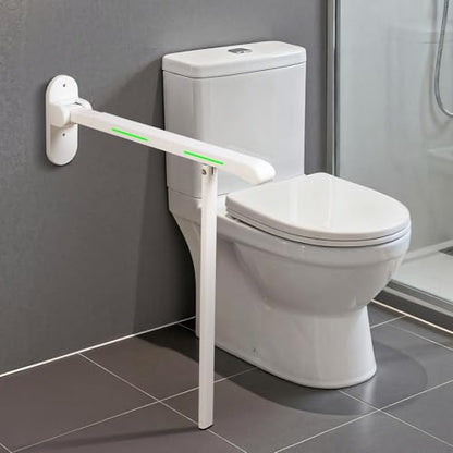 26.8 INCH Flip-Up Toilet Grab Bar with Support Leg, Wall-Mounted Safety Rail for Bathroom, Night Glow Strips on Both Sides, Folding Handrail for Elderly & Disabled - size: 26.8 In with Support Leg