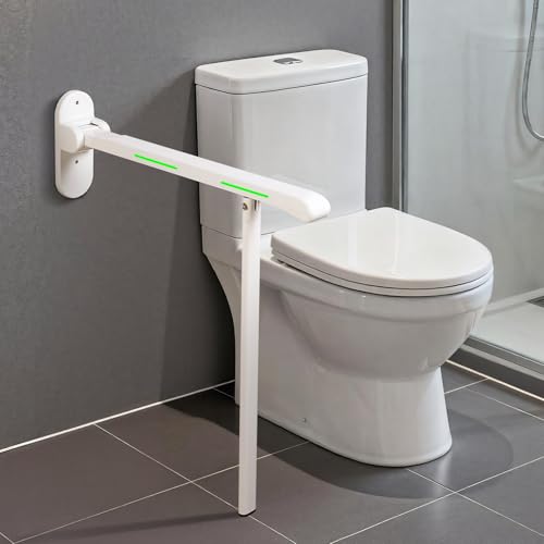 26.8 INCH Flip-Up Toilet Grab Bar with Support Leg, Wall-Mounted Safety Rail for Bathroom, Night Glow Strips on Both Sides, Folding Handrail for Elderly & Disabled - size: 26.8 In with Support Leg