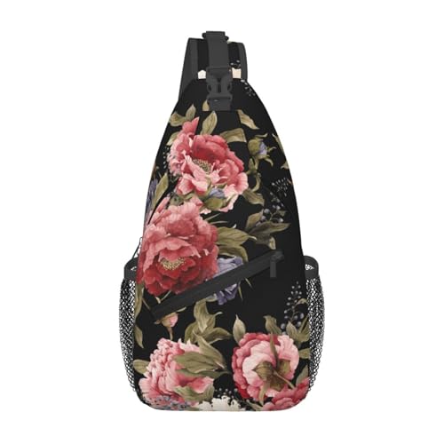 Dark Vintage Floral Pattern Crossbody Sling Bag for Women Men Watercolor Peonies and Delphinium Travel Sling Backpack Casual Shoulder Bag Cute Spring Flower Print Gym Sports Hiking Daypack - color: Pink Black