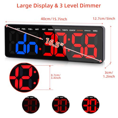 Gym Timers, 16.5" Large LED Display Wall Clock, Interval Timer for Workout, Stopwatch/Countdown Timer with Remote, 12/24H Digital Wall Clock, Portable Home Gym Accessories - size: 16.5 inch
