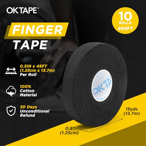 OK TAPE Athletic Finger Tape (10Rolls 450FT), 0.5in Finge Wrap Tape, Extra Strong Adhesive Finger Support and Protect Tape, Hand Grip Tape for Rock Climbing, MMA, Jiu Jitsu, Volleyball, Black - color: Black