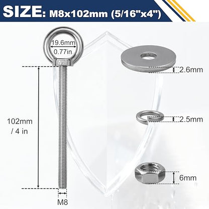 4 Pack M8 Stainless Steel Eye Bolts with Nuts,5/16" x 4" Eye Bolts | 304 Stainless Steel Eye Bolt,Eye Bolts Heavy Duty for Hang Tie Down Outdoor,m8 eye bolt,Long Lifting Ring Eye Bolt - size: M8x102mm (5/16"x4")