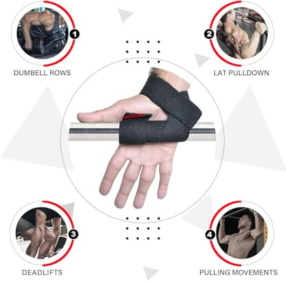 AQF Weight Lifting Straps, Padded Cotton Gym Wrist Straps for Deadlifts | 23" Extra-Long, Heavy-Duty Webbing, 5mm Neoprene Cushioning, Open-Loop Design, Sold as Pair, Ideal for Rows & Pull Workout - color: Black/Red Gel Grip